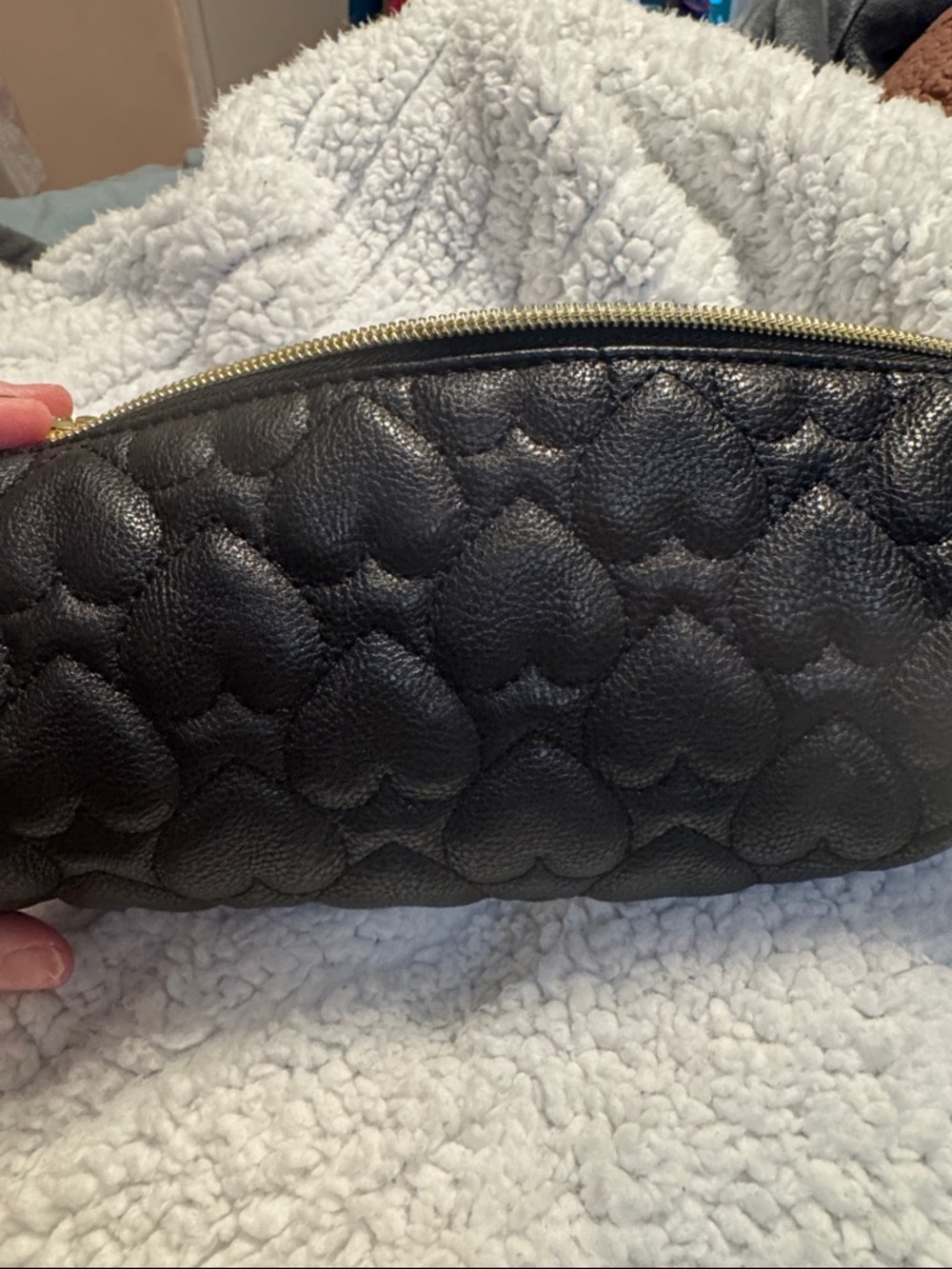Betsey Johnson Black Quilted Heart Cosmetic Pouch with Wrist Strap - Picture 5 of 9
